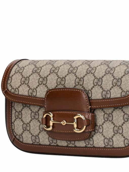 GUCCI GG Supreme Monogram Small Horsebit 1955 Chain Shoulder Bag Beige Ebony Brown Sugar - Image 3