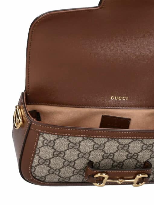 GUCCI GG Supreme Monogram Small Horsebit 1955 Chain Shoulder Bag Beige Ebony Brown Sugar - Image 4