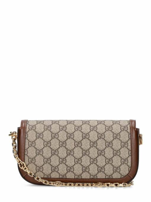 GUCCI GG Supreme Monogram Small Horsebit 1955 Chain Shoulder Bag Beige Ebony Brown Sugar - Image 5