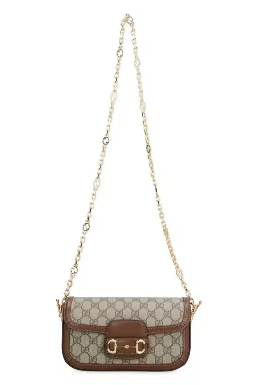 GUCCI GG Supreme Monogram Small Horsebit 1955 Chain Shoulder Bag Beige Ebony Brown Sugar - Image 6