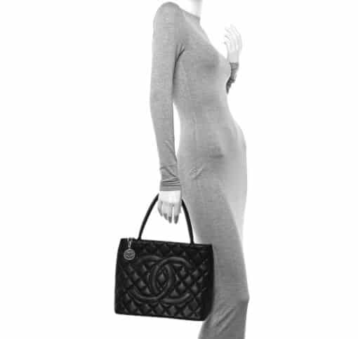 CHANEL Caviar Quilted Medallion Tote Black and Silver Hardware - Image 10