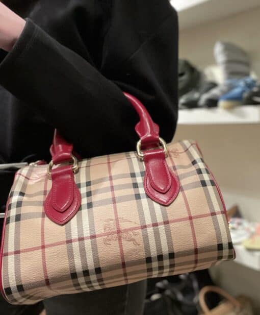 BURBERRY Haymarket Check Small Chester Bowling Bag in Red - Image 9