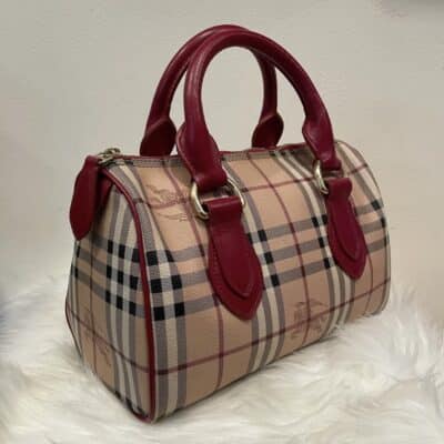 BURBERRY Haymarket Check Small Chester Bowling Bag in Red