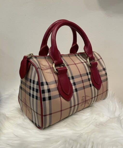 BURBERRY Haymarket Check Small Chester Bowling Bag in Red