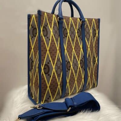 GUCCI GG Supreme Monogram Mix Textured Dollar Calfskin Rhombus Inlay Large Tote Bag Beige Ebony Harvest Joy Blue Shoulder Bag