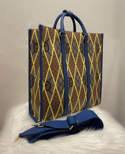 GUCCI GG Supreme Monogram Mix Textured Dollar Calfskin Rhombus Inlay Large Tote Bag Beige Ebony Harvest Joy Blue Shoulder Bag