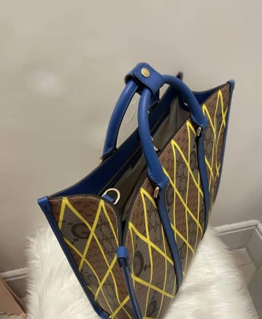 GUCCI GG Supreme Monogram Mix Textured Dollar Calfskin Rhombus Inlay Large Tote Bag Beige Ebony Harvest Joy Blue Shoulder Bag - Image 11