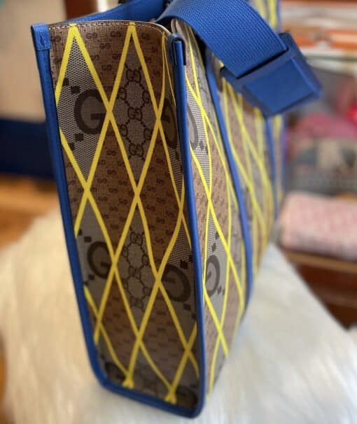 GUCCI GG Supreme Monogram Mix Textured Dollar Calfskin Rhombus Inlay Large Tote Bag Beige Ebony Harvest Joy Blue Shoulder Bag - Image 12