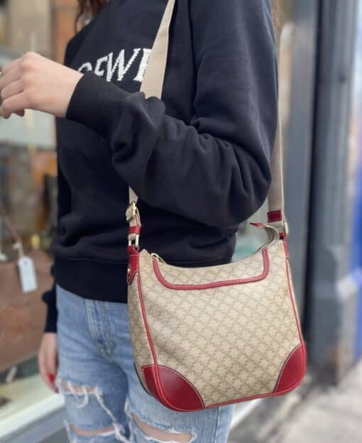Celine Vintage Brown Canvas and Leather Shoulder Bag Red.