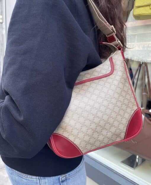 Celine Vintage Brown Canvas and Leather Shoulder Bag Red. - Image 10