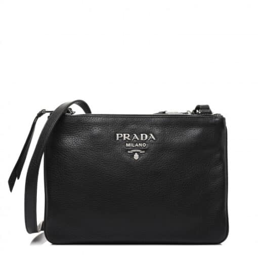PRADA Vitello Phenix Double Zip Crossbody Bag Black