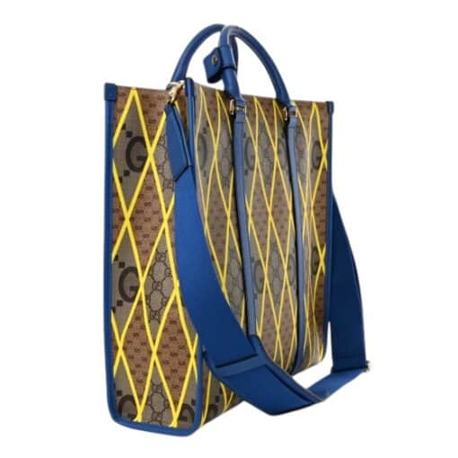 GUCCI GG Supreme Monogram Mix Textured Dollar Calfskin Rhombus Inlay Large Tote Bag Beige Ebony Harvest Joy Blue Shoulder Bag - Image 8