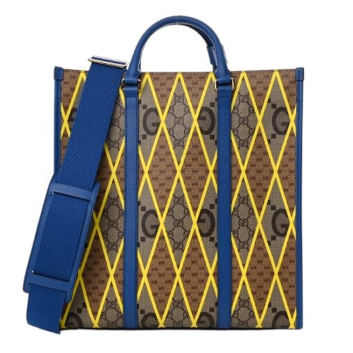 GUCCI GG Supreme Monogram Mix Textured Dollar Calfskin Rhombus Inlay Large Tote Bag Beige Ebony Harvest Joy Blue Shoulder Bag - Image 9