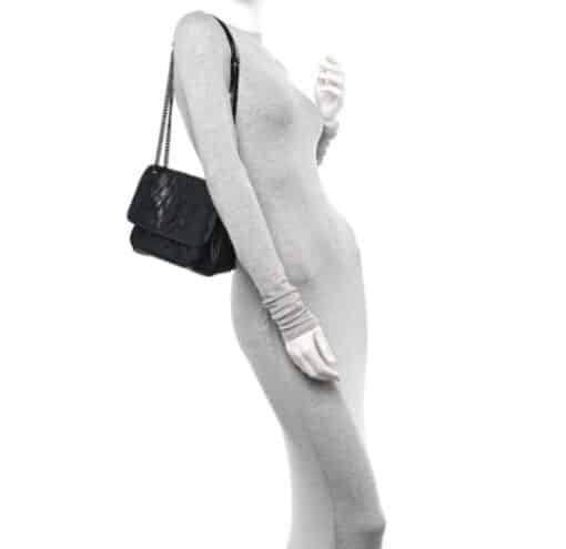 YSL Crinkled Calfskin Matelasse Monogram Baby Niki Chain Satchel Black. - Image 9