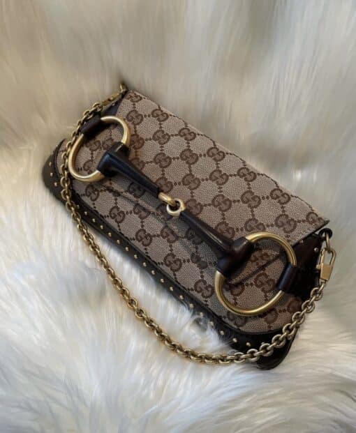 GUCCI Monogram Studded Small Horsebit Clutch Dark Brown - Image 11