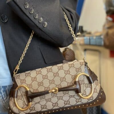 GUCCI Monogram Studded Small Horsebit Clutch Dark Brown