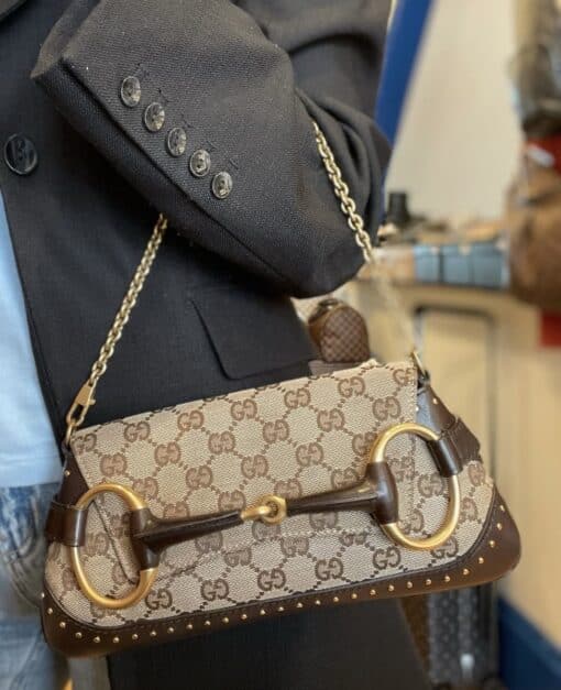 GUCCI Monogram Studded Small Horsebit Clutch Dark Brown