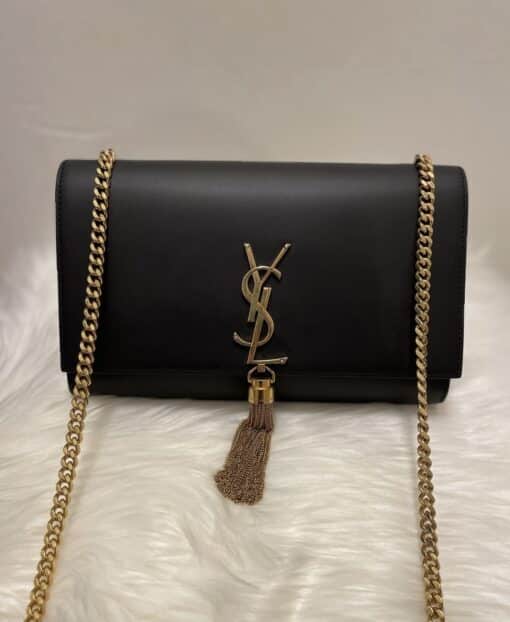 SAINT LAURENT Smooth Calfskin Medium Classic Monogram Kate Tassel Satchel Black