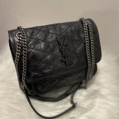 YSL Crinkled Calfskin Matelasse Monogram Baby Niki Chain Satchel Black.