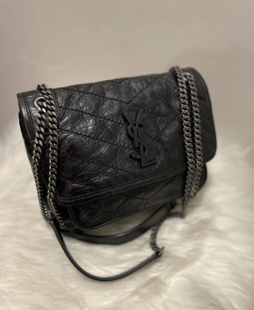 YSL Crinkled Calfskin Matelasse Monogram Baby Niki Chain Satchel Black.