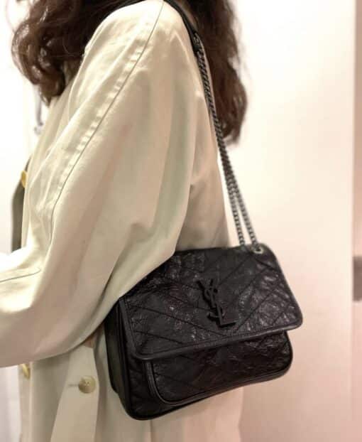 YSL Crinkled Calfskin Matelasse Monogram Baby Niki Chain Satchel Black. - Image 12