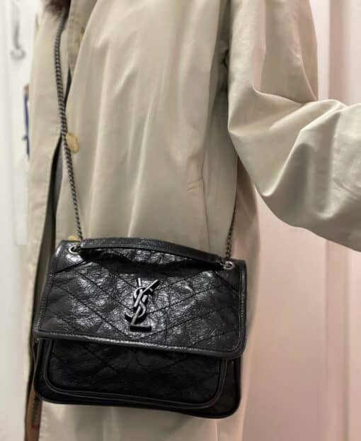 YSL Crinkled Calfskin Matelasse Monogram Baby Niki Chain Satchel Black. - Image 13