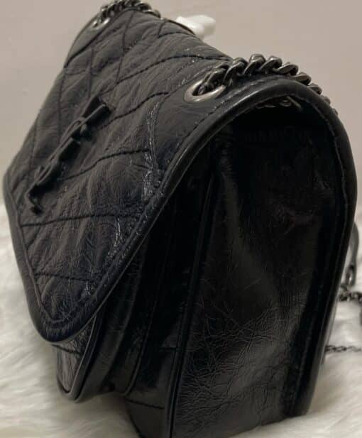 YSL Crinkled Calfskin Matelasse Monogram Baby Niki Chain Satchel Black. - Image 14