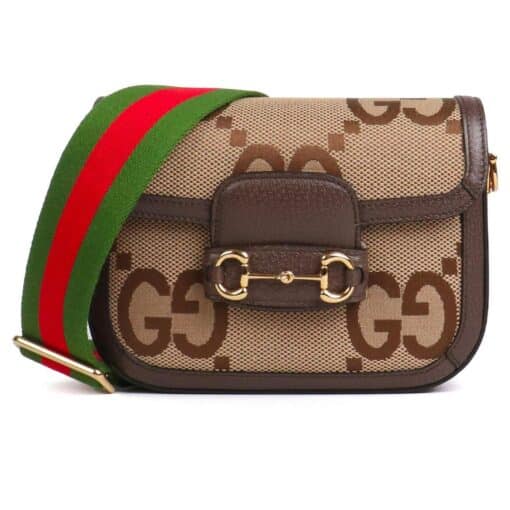 GUCCI Monogram Jumbo GG Textured Dollar Calfskin Web Mini Horsebit 1955 Shoulder Crosbody Bag Caramel Ebony New Acero - Image 13