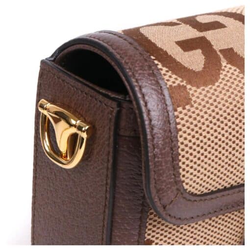 GUCCI Monogram Jumbo GG Textured Dollar Calfskin Web Mini Horsebit 1955 Shoulder Crosbody Bag Caramel Ebony New Acero - Image 9