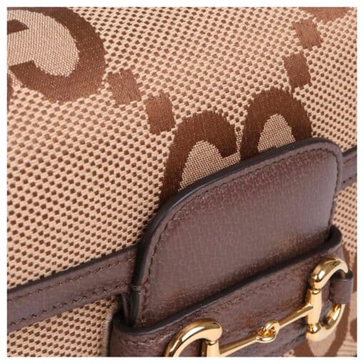 GUCCI Monogram Jumbo GG Textured Dollar Calfskin Web Mini Horsebit 1955 Shoulder Crosbody Bag Caramel Ebony New Acero - Image 8