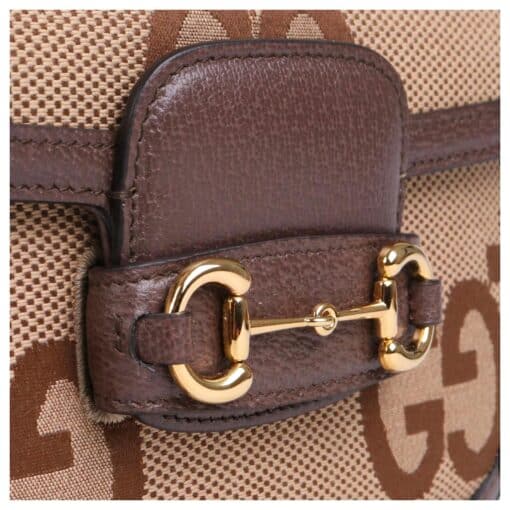 GUCCI Monogram Jumbo GG Textured Dollar Calfskin Web Mini Horsebit 1955 Shoulder Crosbody Bag Caramel Ebony New Acero - Image 2