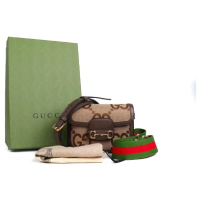 GUCCI Monogram Jumbo GG Textured Dollar Calfskin Web Mini Horsebit 1955 Shoulder Crosbody Bag Caramel Ebony New Acero