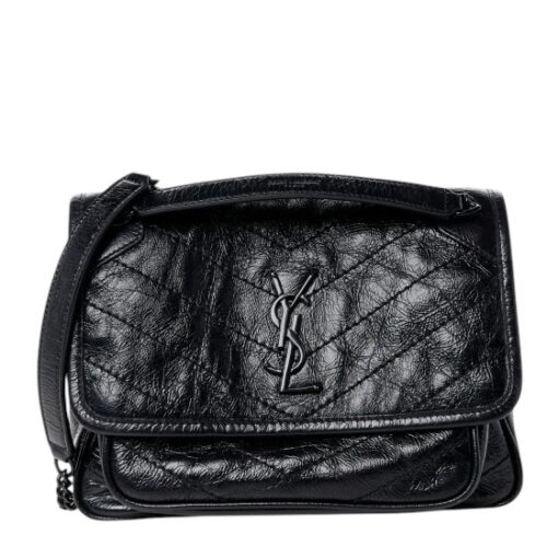 YSL Crinkled Calfskin Matelasse Monogram Baby Niki Chain Satchel Black. - Image 2