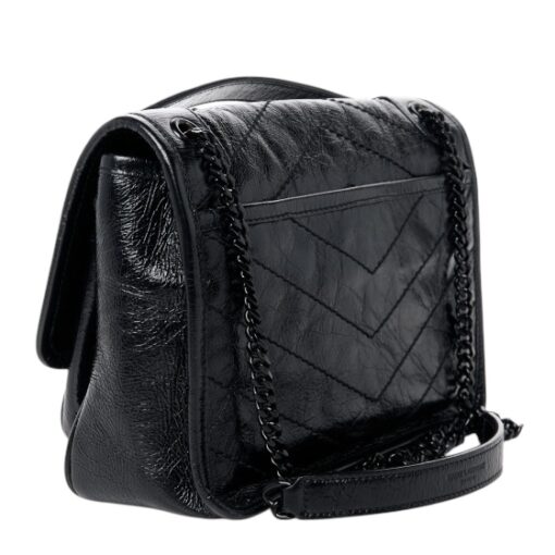 YSL Crinkled Calfskin Matelasse Monogram Baby Niki Chain Satchel Black. - Image 7