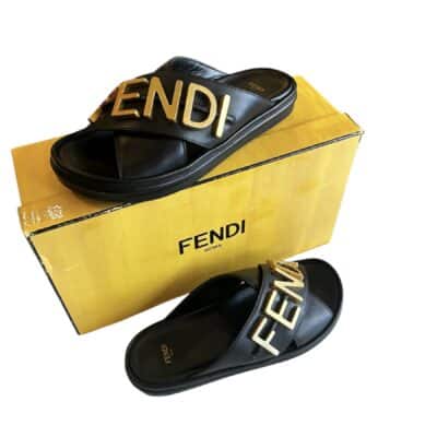 Fendi Black Leather Fendigraphy Slide Sandals (Size 39)