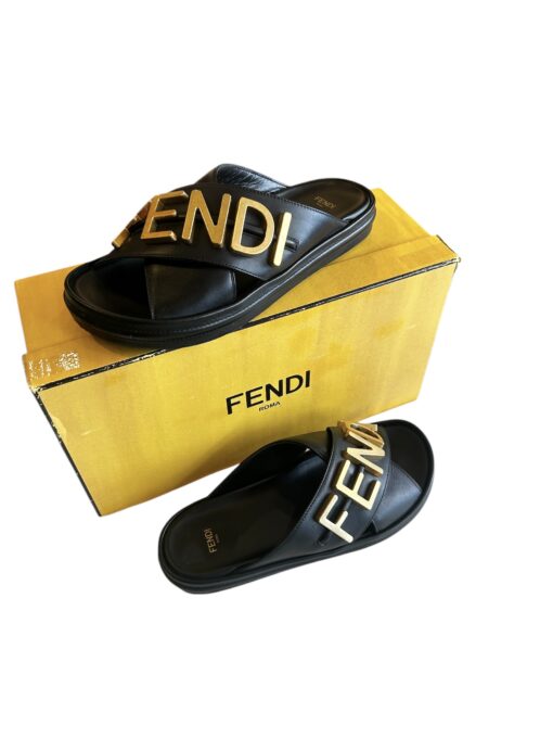 Fendi Black Leather Fendigraphy Slide Sandals (Size 39)
