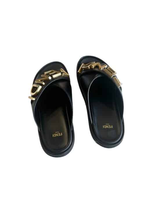 Fendi Black Leather Fendigraphy Slide Sandals (Size 39) - Image 4