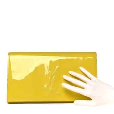 SAINT LAURENT Patent Calfskin Monogram Large Belle De Jour Clutch Yellow.