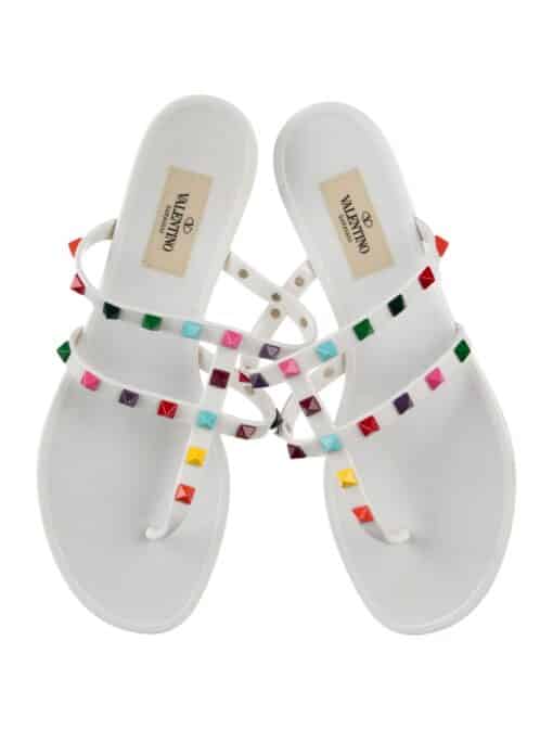 VALENTINO GARAVANI PVC Jelly Rockstud Caged Flat Thong Sandals White (Size 39) - Image 2