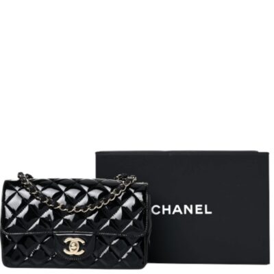 CHANEL Patent Calfskin Quilted Mini Rectangular Flap Black.