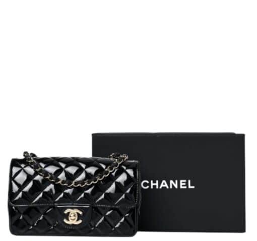 CHANEL Patent Calfskin Quilted Mini Rectangular Flap Black.