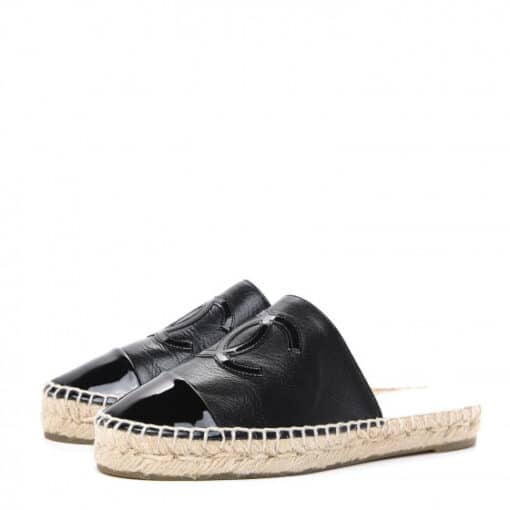 CHANEL Iridescent Goatskin Patent CC Espadrille Mules Black (Size 36) - Image 9