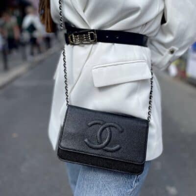 Chanel Black Caviar Timeless CC Wallet On Chain Silver Hardware (WOC)