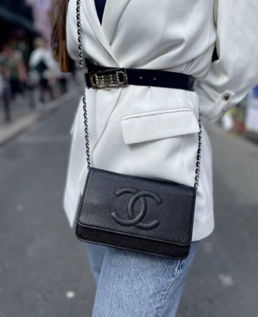 Chanel Black Caviar Timeless CC Wallet On Chain Silver Hardware (WOC)