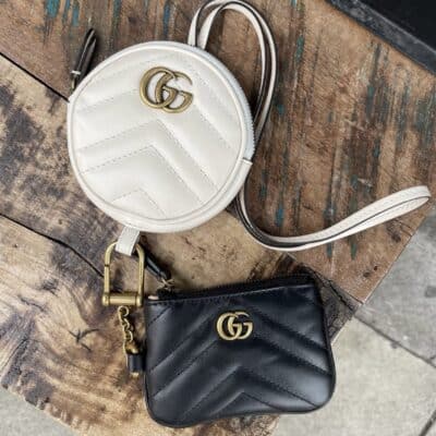 GUCCI Calfskin Matelasse GG Marmont Round Coin Purse And Key Case White Black