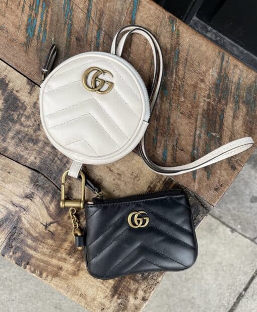 GUCCI Calfskin Matelasse GG Marmont Round Coin Purse And Key Case White Black