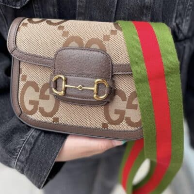 GUCCI Monogram Jumbo GG Textured Dollar Calfskin Web Mini Horsebit 1955 Shoulder Crosbody Bag Caramel Ebony New Acero
