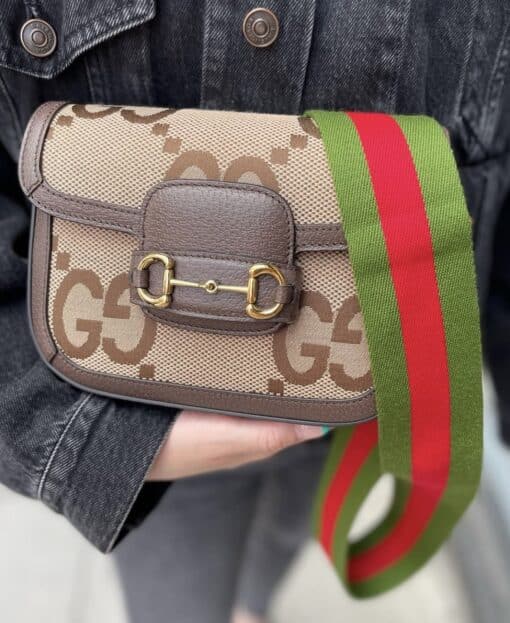 GUCCI Monogram Jumbo GG Textured Dollar Calfskin Web Mini Horsebit 1955 Shoulder Crosbody Bag Caramel Ebony New Acero