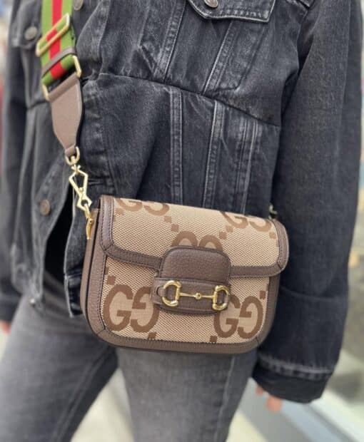 GUCCI Monogram Jumbo GG Textured Dollar Calfskin Web Mini Horsebit 1955 Shoulder Crosbody Bag Caramel Ebony New Acero - Image 15