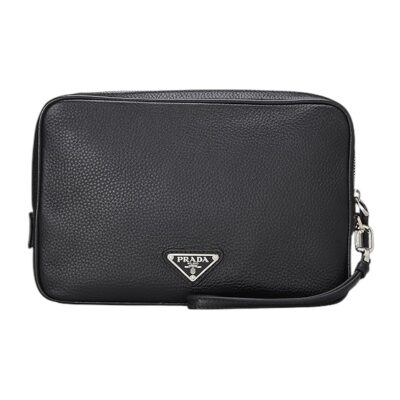 Prada Logo Plaque Calf Leather Clutch Bag